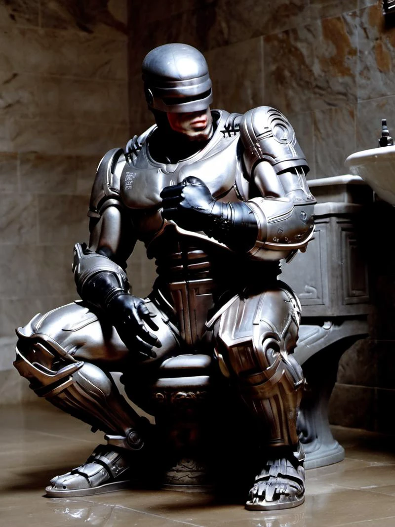 solo 4k wide bathroom interior (full-body photo) of the thinker statue by rodin, chubby robocop <lora:hjocprobocop_v10xl:1.1> (sitting on the toilet:1.3) (leaning forward with hand fist under chin:1.1), the thinker position by rodin, bathroom interior, detailed masterpiece, <lora:Alec Soth style:0.5> <lora:AdvancedEnhancerXL:0.6> movie still, film still, cinematic, cinematic shot, cinematic lighting, 35mm film, <lora:Gregory Crewdson Style:0.5> <lora:Grit-SDXL:0.6> grit on walls, scuffed chrome, , stains on tiled bathroom floor,