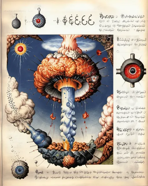 detailed anatomical drawings of an atomic bomb,centred,golden ratio,hyper detailed,extra detailed,textured paper,<lora:Serafini_Style:1>, serafini style,runes,script,instructions,mushroom cloud, <lora:mushroom_cloud:1>, <lora:AdvancedEnhancerXLv2:1.5>, death,radiation,eye,malignant tumours,