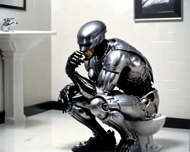8k hi-res ((zoomed-out, low-focal length, wide field of view), large detailed bathroom interior:1.2), (full-body photo) of the thinker statue by rodin, robocop <lora:hjocprobocop_v10xl:1.1> (squatting sitting (on a toilet bowl):1.333) (((leaning forward with bent elbow on knee with forearm raised below face, chin resting on hand fist knuckles))), (the thinker pose by rodin:1.222), bathroom interior, detailed masterpiece, <lora:Alec Soth style:0.5> <lora:AdvancedEnhancerXL:0.6> still, film still, , caustics, cinematic, cinematic shot, cinematic lighting, 35mm film, <lora:Gregory Crewdson Style:0.5> <lora:Grit-SDXL:0.6> grit on walls, scuffed chrome, stains on tiled bathroom floor,