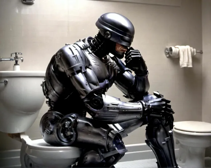8k hi-res ((zoomed-out, low-focal length, wide field of view), large detailed bathroom interior:1.2), (full-body photo) of the thinker statue by rodin, robocop <lora:hjocprobocop_v10xl:1.1> (squatting sitting (on a toilet bowl):1.333) (((leaning forward with bent elbow on knee with forearm raised below face, chin resting on hand fist knuckles))), (the thinker pose by rodin:1.222), bathroom interior, detailed masterpiece, <lora:Alec Soth style:0.5> <lora:AdvancedEnhancerXL:0.6> still, film still, , caustics, cinematic, cinematic shot, cinematic lighting, 35mm film, <lora:Gregory Crewdson Style:0.5> <lora:Grit-SDXL:0.6> grit on walls, scuffed chrome, stains on tiled bathroom floor,