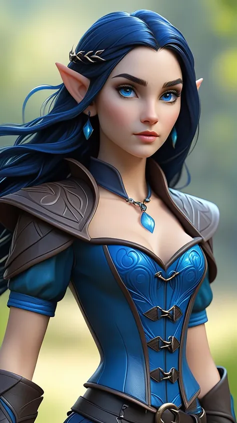 young female half-elf druid, ((small breats)), (pointy ears), fair skin, ((skin tight deep blue leather:1.5)) with water pattern, corset:1.5, blue leather miniskirt:1.5, (short sleeves), shoulder leather armor, (short gloves), ankle boots, (water drop amulet), wavy long black hair, (blue eyes), belt pouch,
[blurry] oriental city:1.5 background,
full body, ((wide shot)), walking pose,
fantasy, photorealistic, concept art, sharp, depth of field, bokeh, 4K, high quality,  best quality, highly detailed photo, perfect body, realistic, real shadow, detailed hands, detailed pupils, detailed face and eyes <lora:AdvancedEnhancerXLv2:1> , <lora:add-detail-xl:0.4>