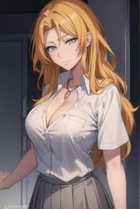 rangikumatsumoto, <lora:rangikumatsumoto-lora-nochekaiser:1>,
rangiku matsumoto, long hair, (grey eyes:1.5), orange hair, mole, mole under mouth, parted bangs, <lora:sensualface_type2:1>, smile,
BREAK skirt, shirt, cleavage, jewelry, school uniform, pleated skirt, necklace, chain, collar, short sleeves, grey skirt, white shirt,
BREAK indoors, classroom,
BREAK looking at viewer, (cowboy shot:1.5),
BREAK <lyco:GoodHands-beta2:1>, (masterpiece:1.2), best quality, high resolution, unity 8k wallpaper, (illustration:0.8), (beautiful detailed eyes:1.6), extremely detailed face, perfect lighting, extremely detailed CG, (perfect hands, perfect anatomy),
