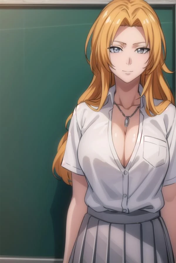 rangikumatsumoto, <lora:rangikumatsumoto-lora-nochekaiser:1>,
rangiku matsumoto, long hair, (grey eyes:1.5), orange hair, mole, mole under mouth, parted bangs, <lora:sensualface_type2:1>, smile,
BREAK skirt, shirt, cleavage, jewelry, school uniform, pleated skirt, necklace, chain, collar, short sleeves, grey skirt, white shirt,
BREAK indoors, classroom,
BREAK looking at viewer, (cowboy shot:1.5),
BREAK <lyco:GoodHands-beta2:1>, (masterpiece:1.2), best quality, high resolution, unity 8k wallpaper, (illustration:0.8), (beautiful detailed eyes:1.6), extremely detailed face, perfect lighting, extremely detailed CG, (perfect hands, perfect anatomy),