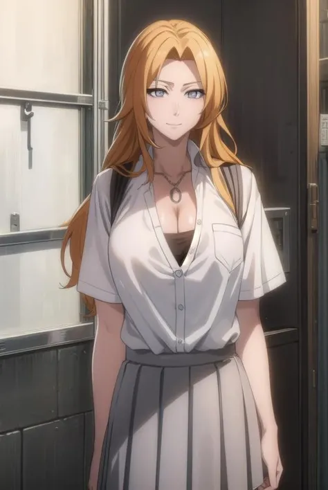 rangikumatsumoto, <lora:rangikumatsumoto-lora-nochekaiser:1>,
rangiku matsumoto, long hair, (grey eyes:1.5), orange hair, mole, mole under mouth, parted bangs, <lora:sensualface_type2:1>, smile,
BREAK skirt, shirt, cleavage, jewelry, school uniform, pleated skirt, necklace, chain, collar, short sleeves, grey skirt, white shirt,
BREAK indoors, classroom,
BREAK looking at viewer, (cowboy shot:1.5),
BREAK <lyco:GoodHands-beta2:1>, (masterpiece:1.2), best quality, high resolution, unity 8k wallpaper, (illustration:0.8), (beautiful detailed eyes:1.6), extremely detailed face, perfect lighting, extremely detailed CG, (perfect hands, perfect anatomy),