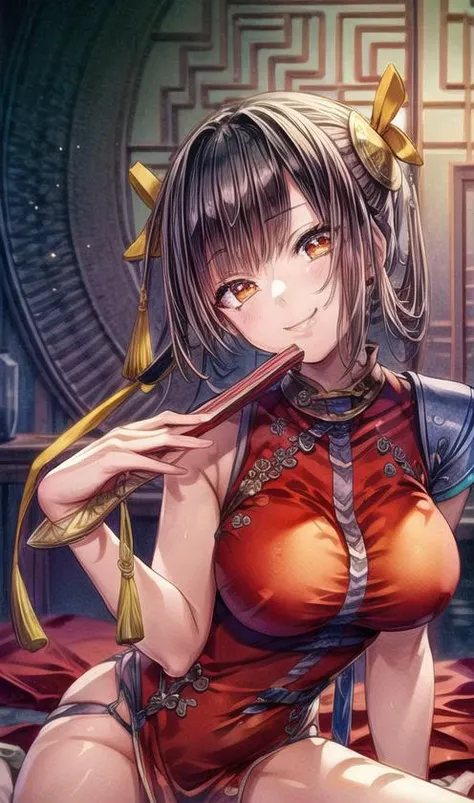 masterpiece,best quality, ultra-detailed, illustration, masterpiece, best quality, highres, finely detail, beautiful detailed eyes, ((chinese style architecture)), backlighting, Smile
1girl, (solo:1.5), (hair ribbon:0.4), ((china dress)), holding_big fan, sit on the bed
<lora:add_detail:2>