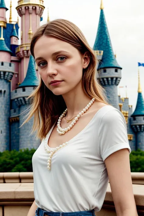 <lora:kawaii7.1.3_obj20:0.75:0.25>, European woman, closeup, (shirt), pants, (disney castle), pearl necklace , ZM_hanna, wide shoulders, perfect face, (contact iris: 1.1), pale skin, skin pores , depth of field