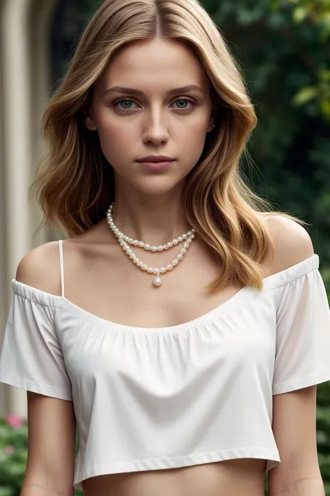 <lora:kawaii7.1.3_obj20:0.75:0.25>, European woman, closeup, (shirt), pants, (catalina island), pearl necklace , ZM_hanna, wide shoulders, perfect face, (contact iris: 1.1), pale skin, skin pores , depth of field