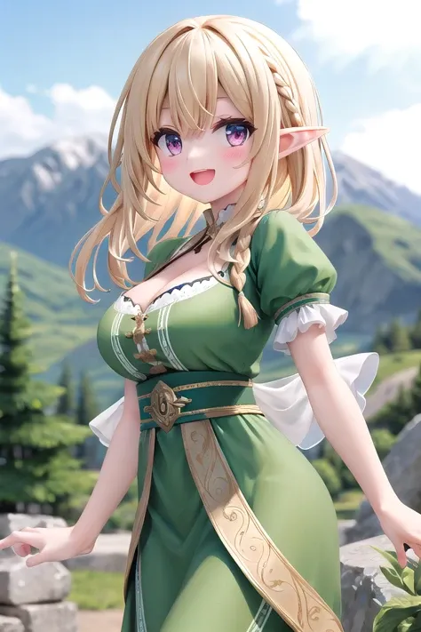 insanely detailed, absurdres, ultra-highres, ultra-detailed, best quality,
1girl, solo, nice hands, perfect hands
BREAK
elf girl, (wearing green dress:1.2), (nsfw:-1.5), (navel:-1)
BREAK
happy smile, laugh, open mouth
BREAK
,
standing, cowboy shot, looking at viewer
BREAK
slender, kawaii, perfect symmetrical face, ultra cute girl, ultra cute face, ultra detailed eyes, ultra detailed hair, ultra cute, ultra beautiful
BREAK
On the peak of a distant mountain, a gargantuan dragon from the ancient times roars, depth of field, ultra detailed background
BREAK
large breasts, cleavage,
BREAK
blonde hair, medium hair, elf ear, pink eyes