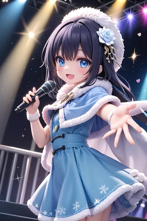 girl,audience,blue capelet,blue dress,blue eyes,capelet,catwalk (walkway),dot nose,dress,dutch angle,fang,film grain,flower,from side,fur-trimmed capelet,fur-trimmed dress,fur trim,glowstick,hair down,hair flower,hair ornament,holding,holding microphone,idol,idol clothes,lens flare,long hair,looking at viewer,microphone,open mouth,outstretched arm,rose,smile,snowflakes,solo,sparkle,stage,stage lights,star (symbol),white flower,white rose ,