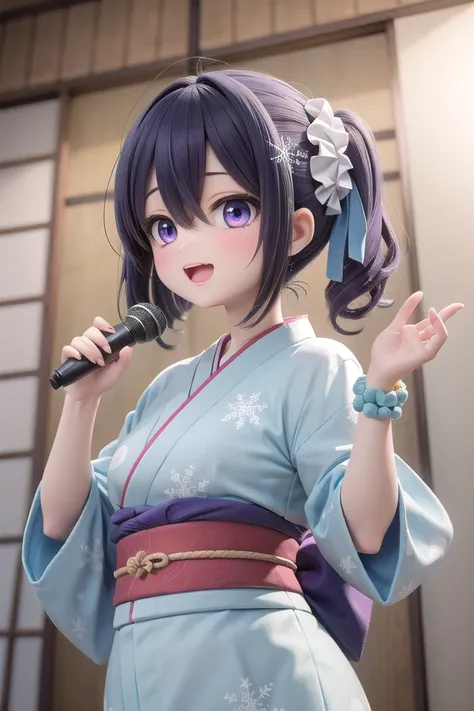 insanely detailed, absurdres, ultra-highres, ultra-detailed, best quality,
1girl, solo, nice hands, perfect hands
BREAK
(pastel-blue and white theme:1.4), (maxi length pastel-blue kimono with [white] obi:1.4), (Extremely detailed snowflake-symbol print:1.3), (wrap a white scrunchie around wrist:1.3),
(naked skin:-1), (white kimono:-1), (legs:-1.4), (slit:-1.4)
BREAK
happy smile, laugh, open mouth, (standing, singing, dancing, holding microphone:1.4),
from below,
seductive pose, cowboy shot
BREAK
slender, kawaii, perfect symmetrical face, ultra cute girl, ultra cute face, ultra detailed eyes, ultra detailed hair, ultra cute, ultra beautiful
BREAK
indoors, japanese, ryokan, tatami, futon
BREAK
medium breasts,
(purple hair, purple eyes), hair between eyes