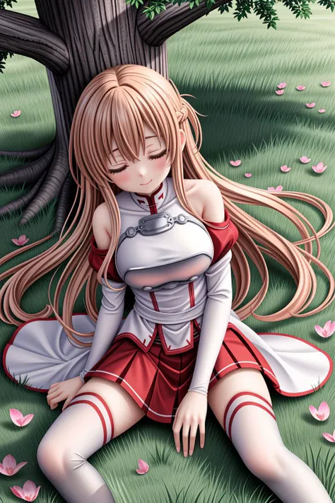 <lora:lcm_lora_sd15:1>,
(masterpiece,best quality,8k,beautiful and aesthetic:1.2),
solid-best-physical-appearance-perfect::2,
cosplay,Smile,HUGE BREASTS,
<lora:(RRy^W)}PWfeYH.N}rZh<.asuna_(sao)_v1:0.8>,
aaasuna,brown eyes,bangs,brown hair,(long hair),braid,
bare shoulders,armor,breastplate,white sleeves,detached sleeves,red skirt,pleated skirt,white thighhighs,
(from above:1.2),sleep,Close ~ eyes,
sit,(leaning_back:1.2),leaning_forward,leaning_on_object,(Are sleeping:1.2),(sit at the base of a treelean against a large tree),petals dance,floating hair,
outdoors,giant tree,grassland,flowers,lake,clouds,warm sunlight,
<lora:[R]Xn}0{LORA.add_detail:0.3>,