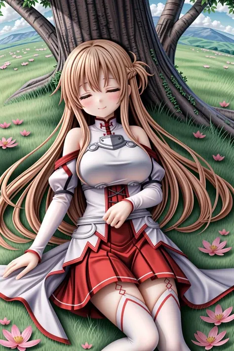 <lora:lcm_lora_sd15:1>,
(masterpiece,best quality,8k,beautiful and aesthetic:1.2),
solid-best-physical-appearance-perfect::2,
cosplay,Smile,HUGE BREASTS,
<lora:(RRy^W)}PWfeYH.N}rZh<.asuna_(sao)_v1:0.8>,
aaasuna,brown eyes,bangs,brown hair,(long hair),braid,
bare shoulders,armor,breastplate,white sleeves,detached sleeves,red skirt,pleated skirt,white thighhighs,
(from above:1.2),sleep,Close ~ eyes,
lying,(on_side:1.3),(Are sleeping:1.2),(sit at the base of a treelean against a large tree),petals dance,floating hair,
outdoors,giant tree,grassland,flowers,lake,clouds,warm sunlight,
<lora:[R]Xn}0{LORA.add_detail:0.3>,