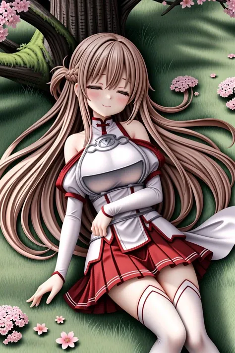 <lora:lcm_lora_sd15:1>,
(masterpiece,best quality,8k,beautiful and aesthetic:1.2),
solid-best-physical-appearance-perfect::2,
cosplay,Smile,HUGE BREASTS,
<lora:(RRy^W)}PWfeYH.N}rZh<.asuna_(sao)_v1:0.8>,
aaasuna,brown eyes,bangs,brown hair,(long hair),braid,
bare shoulders,armor,breastplate,white sleeves,detached sleeves,red skirt,pleated skirt,white thighhighs,
(from above:1.2),sleep,Close ~ eyes,
lying,(on_side:1.2),leaning_on_object,(Are sleeping:1.2),(sit at the base of a treelean against a large tree),petals dance,floating hair,
outdoors,giant tree,grassland,flowers,lake,clouds,warm sunlight,
<lora:[R]Xn}0{LORA.add_detail:0.3>,