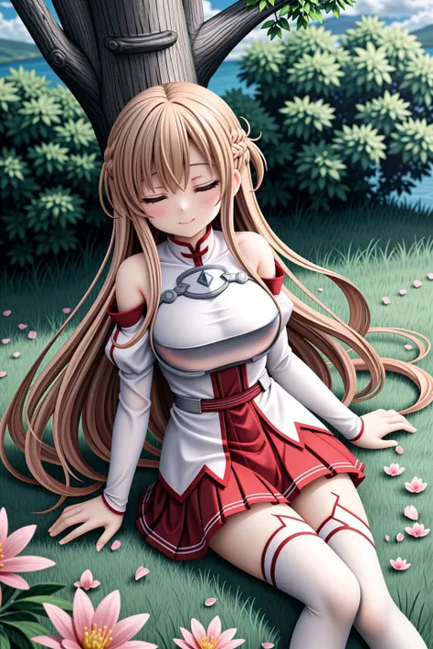<lora:lcm_lora_sd15:1>,
(masterpiece,best quality,8k,beautiful and aesthetic:1.2),
solid-best-physical-appearance-perfect::2,
cosplay,Smile,HUGE BREASTS,
<lora:(RRy^W)}PWfeYH.N}rZh<.asuna_(sao)_v1:0.8>,
aaasuna,brown eyes,bangs,brown hair,(long hair),braid,
bare shoulders,armor,breastplate,white sleeves,detached sleeves,red skirt,pleated skirt,white thighhighs,
(from above:1.2),sleep,Close ~ eyes,
sit,(leaning_back:1.2),leaning_forward,leaning_on_object,(Are sleeping:1.2),(sit at the base of a treelean against a large tree),petals dance,floating hair,
outdoors,giant tree,grassland,flowers,lake,clouds,warm sunlight,
<lora:[R]Xn}0{LORA.add_detail:0.3>,