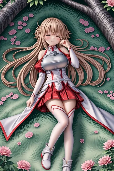 <lora:lcm_lora_sd15:1>,
(masterpiece,best quality,8k,beautiful and aesthetic:1.2),
solid-best-physical-appearance-perfect::2,
cosplay,Smile,HUGE BREASTS,
<lora:(RRy^W)}PWfeYH.N}rZh<.asuna_(sao)_v1:0.8>,
aaasuna,brown eyes,bangs,brown hair,(long hair),braid,
bare shoulders,armor,breastplate,white sleeves,detached sleeves,red skirt,pleated skirt,(white thighhighs:1.3),
(from above:1.2),sleep,Close ~ eyes,
lying,(on_side:1.6),(Are sleeping:1.2),(sit at the base of a treelean against a large tree),petals dance,floating hair,
outdoors,giant tree,grassland,flowers,lake,clouds,warm sunlight,
<lora:[R]Xn}0{LORA.add_detail:0.3>,