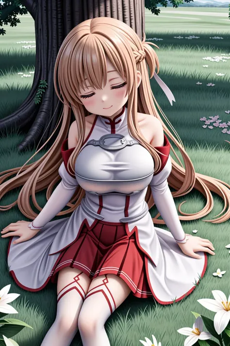 <lora:lcm_lora_sd15:1>,
(masterpiece,best quality,8k,beautiful and aesthetic:1.2),
solid-best-physical-appearance-perfect::2,
cosplay,Smile,HUGE BREASTS,
<lora:(RRy^W)}PWfeYH.N}rZh<.asuna_(sao)_v1:0.8>,
aaasuna,brown eyes,bangs,brown hair,(long hair),braid,
bare shoulders,armor,breastplate,white sleeves,detached sleeves,red skirt,pleated skirt,white thighhighs,
(from above:1.2),sleep,Close ~ eyes,
sit,(leaning_back:1.2),leaning_forward,leaning_on_object,(Are sleeping:1.2),(sit at the base of a treelean against a large tree),petals dance,floating hair,
outdoors,giant tree,grassland,flowers,lake,clouds,warm sunlight,
<lora:[R]Xn}0{LORA.add_detail:0.3>,
