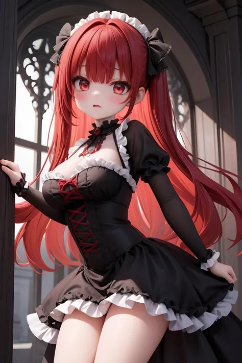 (masterpiece, best quality), 1girl, red hair, medium chest, gothic frill dress, pervert face,