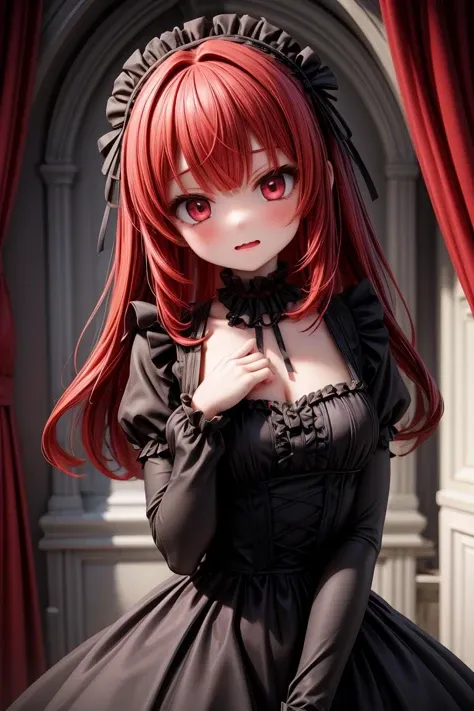 (masterpiece, best quality), 1girl, red hair, medium chest, gothic frill dress, pervert face, <lora:add_detail:1>