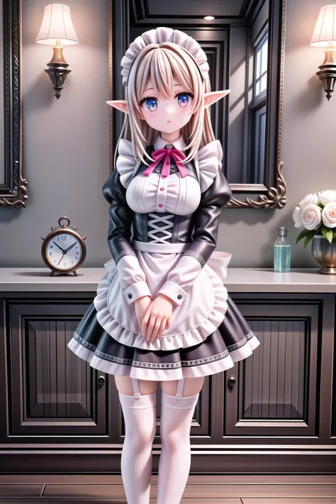 indoors,
BREAK
looking at viewer,
BREAK
innocent photogenic 1girl, solo,
innocent elf, photogenic elf,
beautiful detailed pointy_ears,
innocent baby face:1, photogenic baby face, kawaii girl:1.0, perfect symmetrical baby face, cute, ultra cute, ultra beautiful,
ultimate detailed baby face, ultra cute girl, ultra cute baby face,
innocent perfect symmetrical baby face, photogenic perfect symmetrical baby face, very little female_child face,
BREAK
(short body:1, short torso:1),
very petit body, slim_legs,
slim body, slender body shape,
slender,
// hanging_breasts,
// huge_breasts,
// large_breasts,
medium_breasts,
BREAK
nice hands, perfect hands, perfect 5 fingers, perfect anatomy, beauty bone, anatomically correct, perfect limb, perfect foots, perfect legs, perfect digits,
BREAK
skindentation, lustrous skin, super detailed skin, ultimate shiny skin, textured skin, gleaming skin, glistening skin,
BREAK
finely detailed beautiful eyes:1, beautiful sensuous eyes, ultra detailed eyes, beautiful detailed glowing eyes, beautiful detailed perfect eyes,
BREAK
(beautiful detailed shiny hair, ultra detailed hair),
BREAK
(wearing beautiful detailed maid dress),
(wearing beautiful detailed long_sleeves, maid dress),
(beautiful detailed maid_headdress, beautiful detailed maid_apron),
(beautiful detailed garter_belt, beautiful detailed thighhighs),
BREAK
(RAW photo, photorealistic, photoreal),
(masterpiece, top quality, best quality:1.2, insanely detailed, absurdres, ultra-highres, ultra-detailed, best quality, beautiful and aesthetic:1.2, colorful, absurdres, HDR),
(official, gacha game SSR character, dojin),
((an extremely delicate and beautiful)),
(finely best quality illustration),
(8k photo quality, detailed background),
(Ray Tracing, Illustrated, Reflected Light), (perfect-composition),