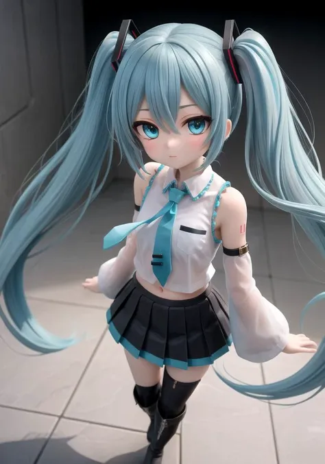 masterpiece, (highres:1.2), (ultra-detailed:1.3), (extremely detailed CG unity 8k wallpaper:1.1), (best shadow), 1girl, hatsune miku, aqua_eyes, aqua_hair, aqua_necktie, bare_shoulders, black_skirt, boots, cropped_shirt, curly_hair, detached_sleeves, hair_between_eyes, long_hair, looking_at_viewer, midriff, miniskirt, navel, necktie, shirt, skirt, sleeveless, sleeveless_shirt, solo, thigh_boots, twintails, white_shirt