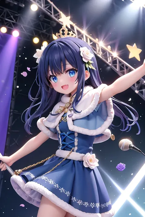 girl,audience,blue capelet,blue dress,blue eyes,capelet,catwalk (walkway),dot nose,dress,dutch angle,fang,film grain,flower,from side,fur-trimmed capelet,fur-trimmed dress,fur trim,glowstick,hair down,hair flower,hair ornament,holding,holding microphone,idol,idol clothes,lens flare,long hair,looking at viewer,microphone,open mouth,outstretched arm,rose,smile,snowflakes,solo,sparkle,stage,stage lights,star (symbol),white flower,white rose ,