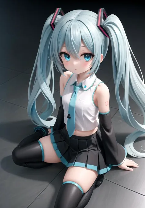 masterpiece, (highres:1.2), (ultra-detailed:1.3), (extremely detailed CG unity 8k wallpaper:1.1), (best shadow), 1girl, hatsune miku, aqua_eyes, aqua_hair, aqua_necktie, bare_shoulders, black_skirt, boots, cropped_shirt, curly_hair, detached_sleeves, hair_between_eyes, long_hair, looking_at_viewer, midriff, miniskirt, navel, necktie, shirt, skirt, sleeveless, sleeveless_shirt, solo, thigh_boots, twintails, white_shirt