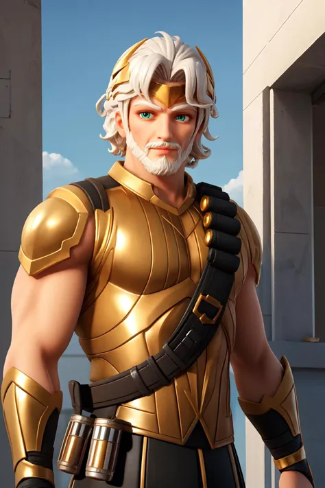 zeusfortniteV1, 1boy , mature male, looking at viewer,  white skin, white hair, green eyes, beard, mustache, male focus, facial hair, muscle,   <lora:zeusfortnite-09:0.5>, golden armor, shotgun shell bandolier,  grecia, sunlight,, masterpiece, 4k, high quality, highres, absurdres,