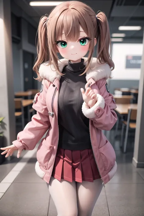 insanely detailed, absurdres, ultra-highres, ultra-detailed, best quality,
1girl, solo, nice hands, perfect hands
BREAK
(pink and white theme:1.4), (Wearing a (long sleeve pink coat with fur color) over a white high neck blouse:1.4), (fur cuffs:1.3), (double pillar button:1.3), (pocketless:1.4), (plain ivory-white pantyhose:1.4), (pink heeled boots with lace-up:1.2)
BREAK
(wine-red pleated skirt:1.3)
BREAK
(nsfw:-1.5)
BREAK
happy smile, laugh, closed mouth
BREAK
(45 angle:-1.5), (from side:-1.5),
standing, cowboy shot, looking at viewer
BREAK
slender, kawaii, perfect symmetrical face, ultra cute girl, ultra cute face, ultra detailed eyes, ultra detailed hair, ultra cute, ultra beautiful
BREAK
in school ground, depth of field, ultra detailed background
BREAK
medium large breasts
BREAK
hime cut, (twintails:1.3), messy hair, medium hair, (red brown hair, emerald green eyes:1.3)
<lora:eyecolle_marigold_v100:0.5> <lora:eyecolle_artemisia_v100:0.5>