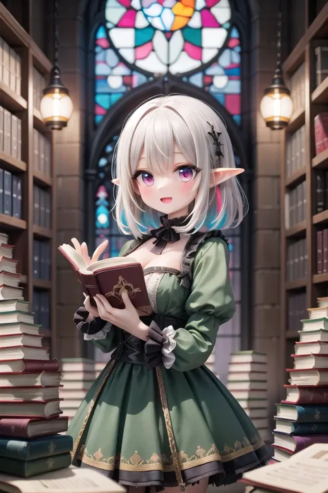 insanely detailed, absurdres, ultra-highres, ultra-detailed, best quality,
1girl, solo, nice hands, perfect hands
BREAK
elf girl, (wearing green dress:1.2), (nsfw:-1.5), (navel:-1)
BREAK
happy smile, laugh, open mouth
BREAK
,
standing, cowboy shot, looking at viewer
BREAK
slender, kawaii, perfect symmetrical face, ultra cute girl, ultra cute face, ultra detailed eyes, ultra detailed hair, ultra cute, ultra beautiful
BREAK
fantasy world, (((((messy room))))),((((((gothic room)))))),((dark atmosphere)),(((canopy))),clutter,(((lots of colorful books:1.5))),((Miscellaneous goods are placed in a mess:1.5)),(((colorful sphere))),(((Stained glass:1.3)))
BREAK
large breasts, cleavage,
BREAK
silver hair, medium hair, elf ear, pink eyes