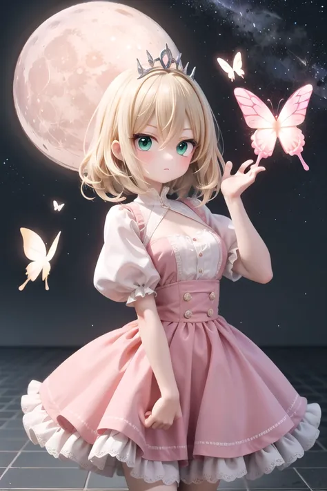 insanely detailed, absurdres, ultra-highres, ultra-detailed, best quality,
1girl, solo, nice hands, perfect hands
BREAK
princess, wearing princess costume, princess dress with many frills, (tiara:1.3) on hair, (nsfw:-1.5)
BREAK
angry, closed mouth
BREAK
from above,
standing, cowboy shot, looking at viewer
BREAK
slender, kawaii, perfect symmetrical face, ultra cute girl, ultra cute face, ultra detailed eyes, ultra detailed hair, ultra cute, ultra beautiful
BREAK
fantasy world, ((tile floor)),((pink moon:1.3)), (>,some butterflies are flying,flying glowing butterfly:1.3),(night sky ,a lot of space:1.3)
BREAK
medium large breasts
BREAK
blonde hair, medium hair, messy hair, green eyes, hair between eyes