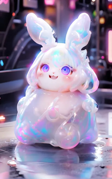 masterpiece, best quality, highres, absurdres, 1girl, blonde hair, pink eyes, rabbit ears, digital, cyber, holographic, iridescent, slime \(substance\), <lora:animefeetv4:1> <lora:F_slime02:1> <lora:Range_murata_style_v02:1>