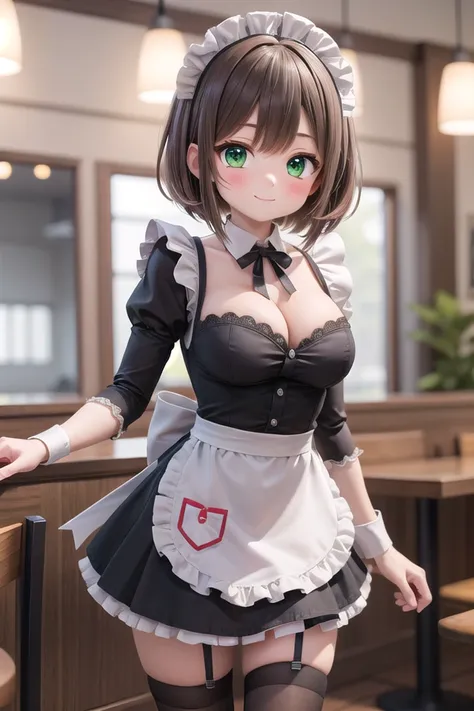 insanely detailed, absurdres, ultra-highres, ultra-detailed, best quality,
1girl, solo, nice hands, perfect hands
BREAK
cleavage, thigh, zettai ryouiki thighhighs, (miniskirt maid, maid costume, maid hair dress:1.3)
BREAK
happy smile, laugh, closed mouth
BREAK
,
standing, cowboy shot, looking at viewer
BREAK
slender, kawaii, perfect symmetrical face, ultra cute girl, ultra cute face, ultra detailed eyes, ultra detailed hair, ultra cute, ultra beautiful
BREAK
in restaurant, depth of field, ultra detailed background
BREAK
large breasts
BREAK
(red hair, green eyes), very short hair, hime cut