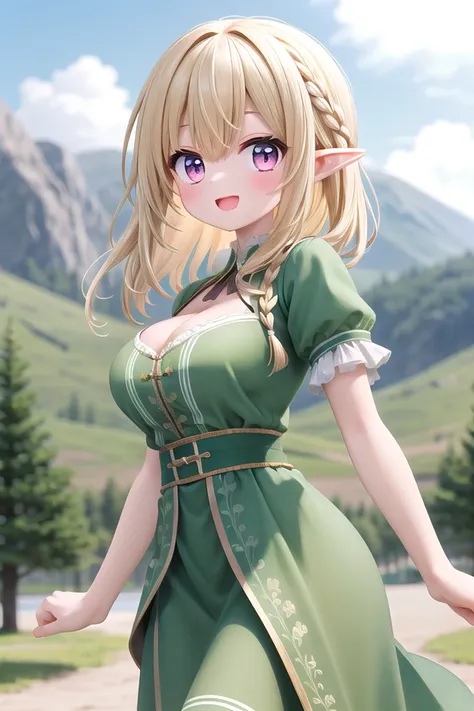 insanely detailed, absurdres, ultra-highres, ultra-detailed, best quality,
1girl, solo, nice hands, perfect hands
BREAK
elf girl, (wearing green dress:1.2), (nsfw:-1.5), (navel:-1)
BREAK
happy smile, laugh, open mouth
BREAK
,
standing, cowboy shot, looking at viewer
BREAK
slender, kawaii, perfect symmetrical face, ultra cute girl, ultra cute face, ultra detailed eyes, ultra detailed hair, ultra cute, ultra beautiful
BREAK
On the peak of a distant mountain, a gargantuan dragon from the ancient times roars, depth of field, ultra detailed background
BREAK
large breasts, cleavage,
BREAK
blonde hair, medium hair, elf ear, pink eyes