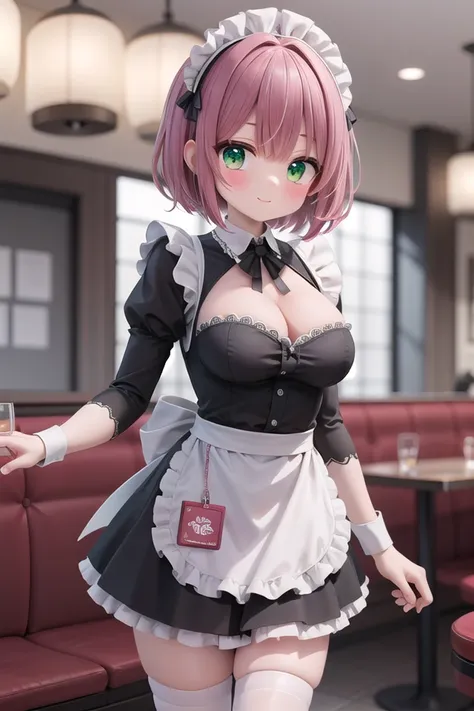 insanely detailed, absurdres, ultra-highres, ultra-detailed, best quality,
1girl, solo, nice hands, perfect hands
BREAK
cleavage, thigh, zettai ryouiki thighhighs, (miniskirt maid, maid costume, maid hair dress:1.3)
BREAK
happy smile, laugh, closed mouth
BREAK
,
standing, cowboy shot, looking at viewer
BREAK
slender, kawaii, perfect symmetrical face, ultra cute girl, ultra cute face, ultra detailed eyes, ultra detailed hair, ultra cute, ultra beautiful
BREAK
in restaurant, depth of field, ultra detailed background
BREAK
large breasts
BREAK
(red hair, green eyes), very short hair, hime cut