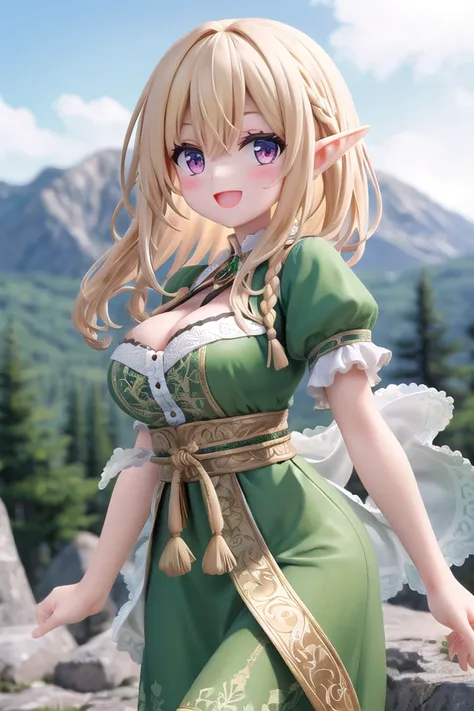 insanely detailed, absurdres, ultra-highres, ultra-detailed, best quality,
1girl, solo, nice hands, perfect hands
BREAK
elf girl, (wearing green dress:1.2), (nsfw:-1.5), (navel:-1)
BREAK
happy smile, laugh, open mouth
BREAK
,
standing, cowboy shot, looking at viewer
BREAK
slender, kawaii, perfect symmetrical face, ultra cute girl, ultra cute face, ultra detailed eyes, ultra detailed hair, ultra cute, ultra beautiful
BREAK
On the peak of a distant mountain, a gargantuan dragon from the ancient times roars, depth of field, ultra detailed background
BREAK
large breasts, cleavage,
BREAK
blonde hair, medium hair, elf ear, pink eyes