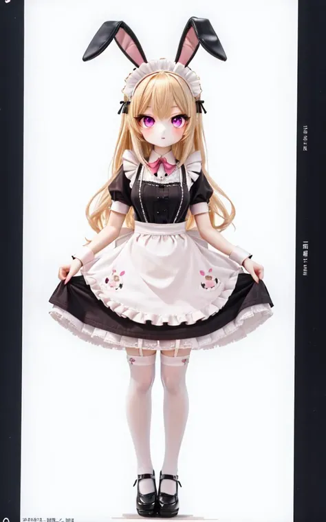 masterpiece, best quality, highres, absurdres, 1girl, blonde hair, pink eyes, rabbit ears, maid apron, maid headdress, maid dress, full body