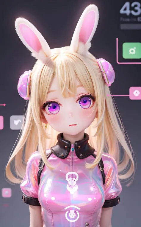 masterpiece, best quality, highres, absurdres, 1girl, blonde hair, pink eyes, rabbit ears, digital, cyber, holographic, iridescent, slime \(substance\), <lora:F_slime02:0.2> <lora:Range_murata_style_v02:0.8>