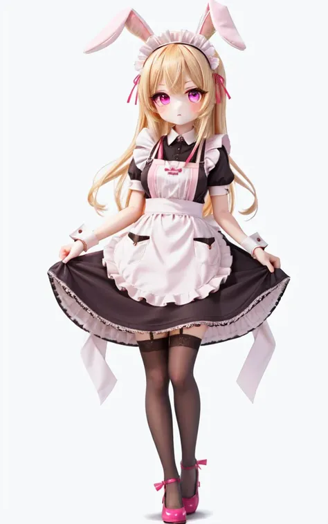 masterpiece, best quality, highres, absurdres, 1girl, blonde hair, pink eyes, rabbit ears, maid apron, maid headdress, maid dress, full body