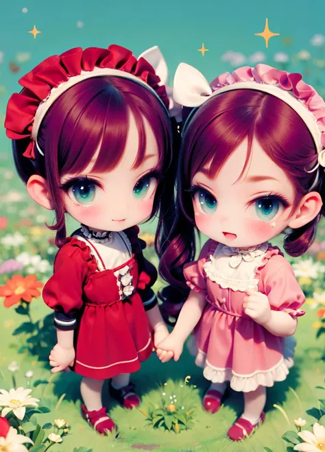 (masterpiece, best quality:1.4)  <lora:PetraVoice1.51:1> masterpiece, best quality, ultra-detailed, (2girls, twins:1.2), pink hair, short twintail, green eyes, smile AND embarrassed, twins fashion, red dress, frill, ribbon, red headdress, in flower garden, holding hands, close up, from above