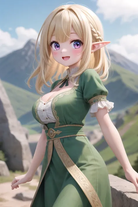 insanely detailed, absurdres, ultra-highres, ultra-detailed, best quality,
1girl, solo, nice hands, perfect hands
BREAK
elf girl, (wearing green dress:1.2), (nsfw:-1.5), (navel:-1)
BREAK
happy smile, laugh, open mouth
BREAK
,
standing, cowboy shot, looking at viewer
BREAK
slender, kawaii, perfect symmetrical face, ultra cute girl, ultra cute face, ultra detailed eyes, ultra detailed hair, ultra cute, ultra beautiful
BREAK
On the peak of a distant mountain, a gargantuan dragon from the ancient times roars, depth of field, ultra detailed background
BREAK
large breasts, cleavage,
BREAK
blonde hair, medium hair, elf ear, pink eyes