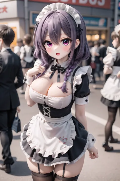 insanely detailed, absurdres, ultra-highres, ultra-detailed, best quality,
1girl, solo, nice hands, perfect hands
BREAK
cleavage, thigh, zettai ryouiki thighhighs, (miniskirt maid, maid costume, maid hair dress:1.3)
BREAK
expressionless, open mouth
BREAK
,
standing, cowboy shot, looking at viewer
BREAK
slender, kawaii, perfect symmetrical face, ultra cute girl, ultra cute face, ultra detailed eyes, ultra detailed hair, ultra cute, ultra beautiful
BREAK
in akihabara, outdoor, depth of field, ultra detailed background
BREAK
large breasts
BREAK
purple hair, red eyes, goddess braids, hair between eyes