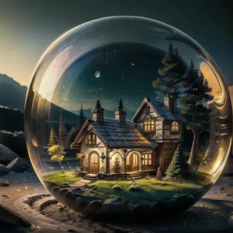 mini house, landscape, old fashion, nature, night light, a bubble, in the bubble, high detailed, masterpiece, best quality, <lora:Bubble_Sora:0.4>, (masterpiece,best quality:1.5)