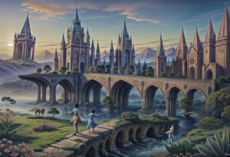(A child, the prince, dressed in ornate attire frolics gaily with his sister),
(Transport me to a world unlike my own, teeming with flora, fauna, and magical serenity),(Craft a dream-like surreal castle landscape, fusing colors in unique ways to create eye-catching scenery),<lora:Cartographic_Journey:0.3>,<lora:guochaochahua_20230828223853:0.1>,<lora:Elixir:1.5>,<lora:more_details:0.6>,<lora:LORA-XenoDetailer-v3A:0.8>,<lora:add_sharpness:0.8>,