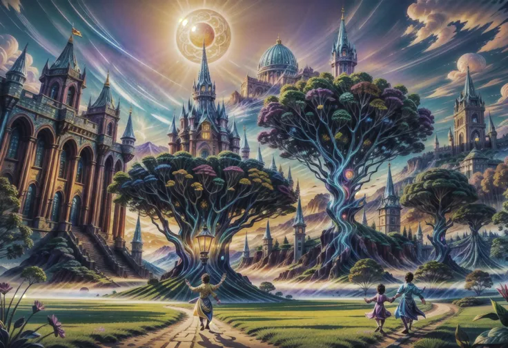 (A child, the prince, dressed in ornate attire frolics gaily with his sister),
(Transport me to a world unlike my own, teeming with flora, fauna, and magical serenity),(Craft a dream-like surreal castle landscape, fusing colors in unique ways to create eye-catching scenery),<lora:Cartographic_Journey:0.3>,<lora:guochaochahua_20230828223853:0.1>,<lora:Elixir:1.5>,<lora:more_details:0.6>,<lora:LORA-XenoDetailer-v3A:0.8>,<lora:add_sharpness:0.5>,<lora:colorify:1>,<lora:otherworldlyColorscapes:0.4>,