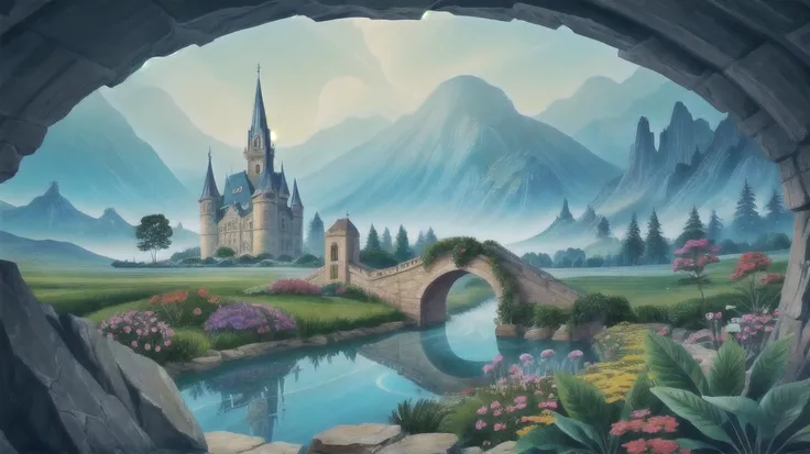 (Transport me to a world unlike my own, teeming with flora, fauna, and magical serenity),(Craft a dream-like surreal castle landscape, fusing colors in unique ways to create eye-catching scenery),<lora:Cartographic_Journey:0.4>,<lora:guochaochahua_20230828223853:0.2>,