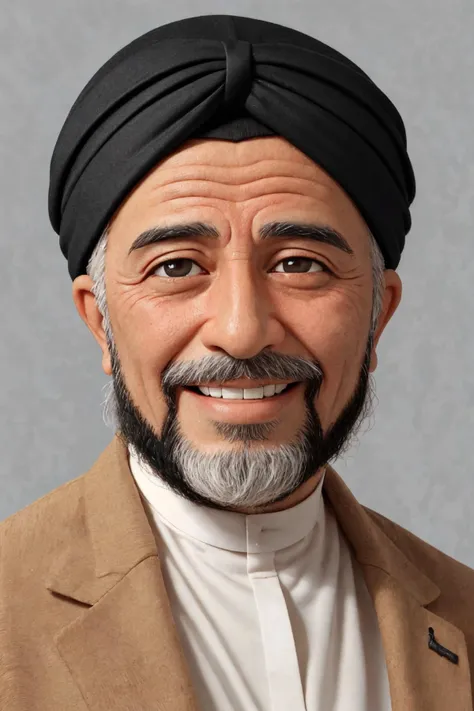 close-up photo portrait of a 60 yo aged Arab man, short grey hair, beard, black eyes, joyful face expression, turban, simple background