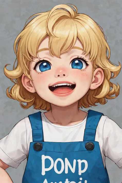 close-up photo portrait of a 3 yo european boy, blond short curly hair, blue eyes, laughing face expression, bib, simple background