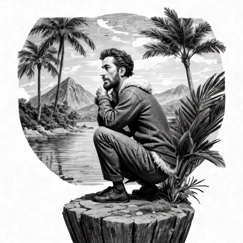 RAW photo, 8k uhd, Analog style, (Masterpiece, Best Quality, Highres:1.3), dramatic, cinematic, BREAK,
(intricate:1.3) (etched lineart:1.3) (engraving:1.4) (illustration:1.2) by (J. J. Grandville:1.4) of male (Robinson Crusoe:1.2) (sitting:1.1) and (looking:1.1) at sea, (from side:1.1), long hair beard, (wild:1.1) (fur clothes:1.2), pants, dirty, ((palms:1.1), mountain, (shore:1.1), sea, jungle:1.25), (sailboat:1.2), (white background, (black and white:1.05), grayscale, classicism:1.2), (hyperdetailed, absurdres, sketch:1.1), BREAK,
<lora:more_details:0.97>