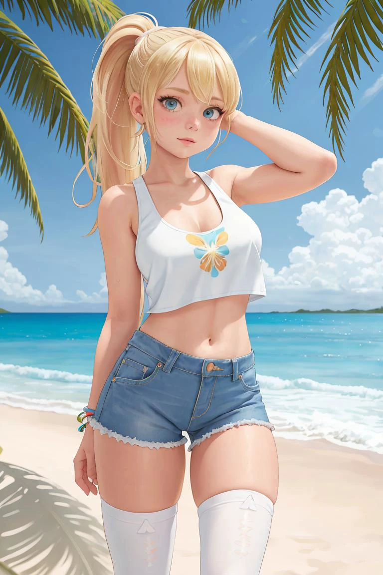 full shot, blonde young girl medium boobs ponytail on a beach tank top denim short and (white thigh highs) and white sandal tropical beach beautiful cloudy sky bright sunny day, e(Clutter-Home:0.8), (masterpiece:1.2) (photorealistic:1.2) (bokeh) (best quality) (detailed skin:1.3) (intricate details) (8k) (detailed eyes) (sharp focus) AS-Young,