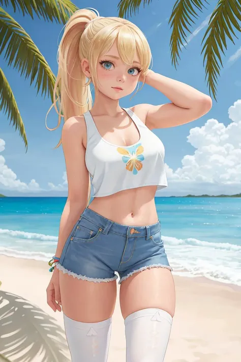 full shot, blonde young girl medium boobs ponytail on a beach tank top denim short and (white thigh highs) and white sandal  tropical beach beautiful cloudy sky bright sunny day, e(Clutter-Home:0.8), (masterpiece:1.2) (photorealistic:1.2) (bokeh) (best quality) (detailed skin:1.3) (intricate details) (8k) (detailed eyes) (sharp focus) AS-Young,